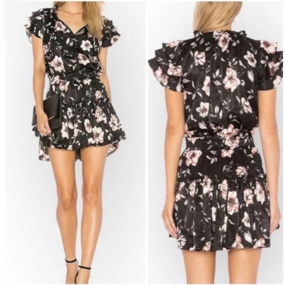 MISA Los Angeles Cecile Split-Neck Floral-Printed Satin Dress, Size XS